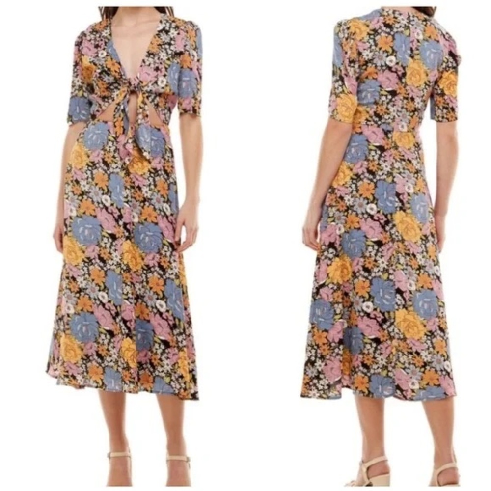 Wayf Floral Tie-Front Maxi Dress in Pink, Yellow & Purple